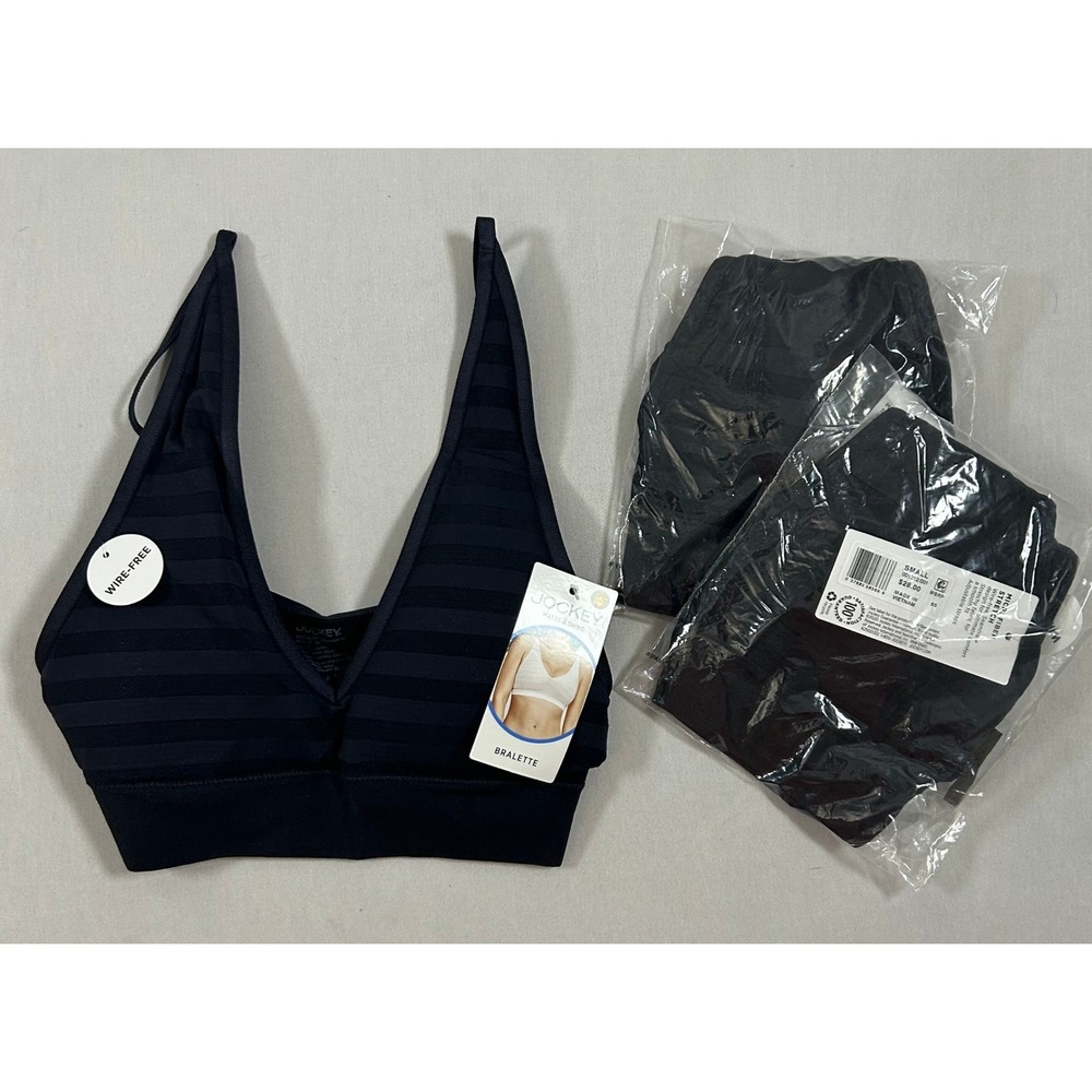 Jockey Bralette Women Small Black Matte & Shine Striped Wire-Free Lot of 3 NWT